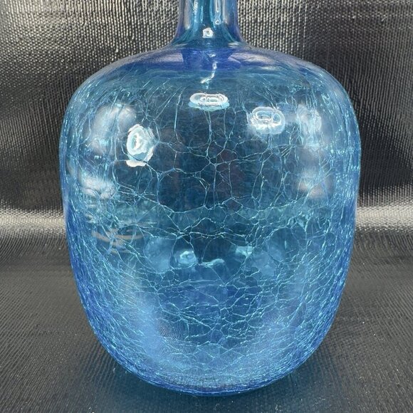 Blenko Blue Crackle Glass Bottle Decanter Vase Hand Blown Manganese 365nm Glow - Picture 14 of 16